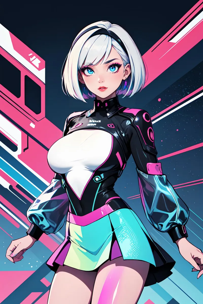 Cyberpunk girl anime character with white hair and futuristic attire. AI generated image using stable diffusion.