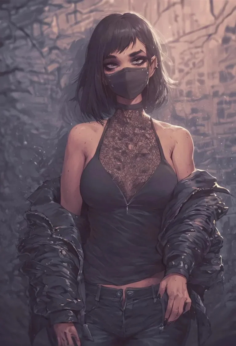 An AI generated image using Stable Diffusion of a woman in a cyberpunk setting wearing a black lace mask, a sleeveless top, and a jacket off her shoulders.