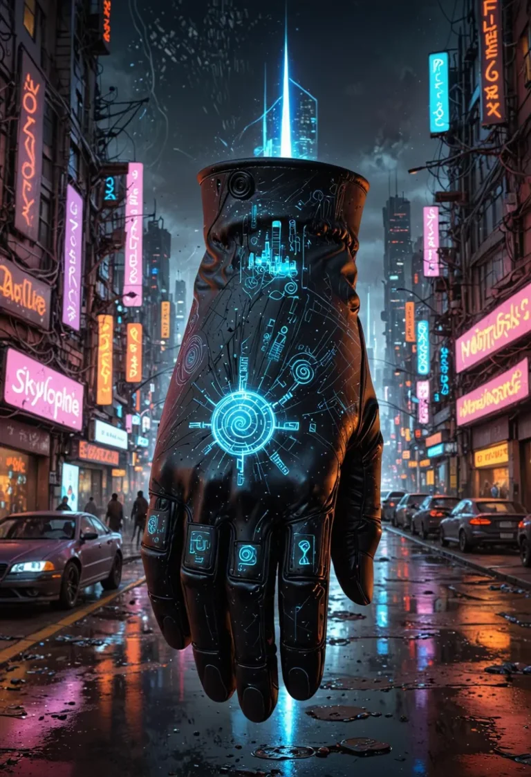 A hyper-realistic cyberpunk glove with neon lights and futuristic cityscape created using Stable Diffusion.