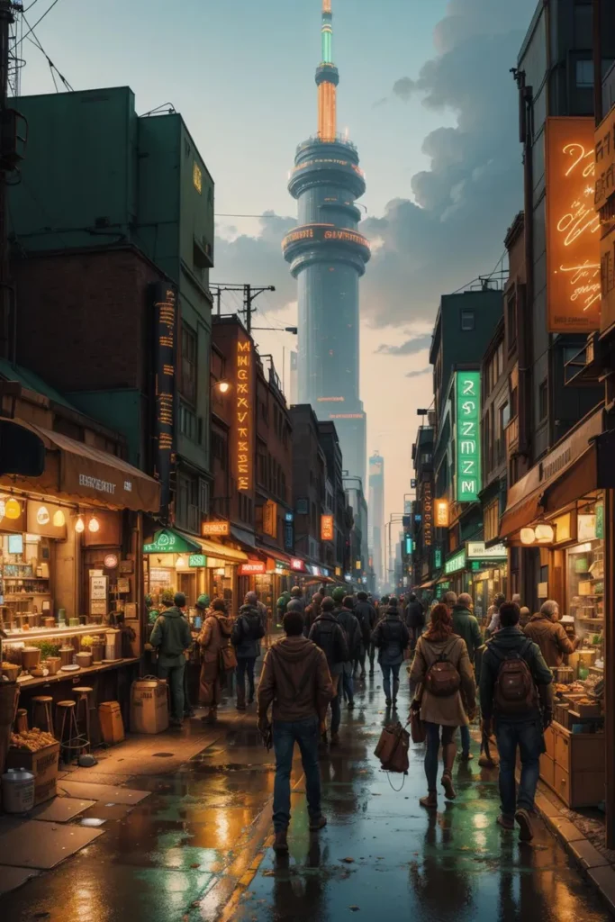A busy cyberpunk market street illuminated by neon lights with a towering futuristic skyscraper in the background using stable diffusion AI.