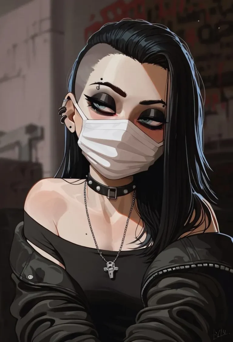 Cyberpunk styled woman with long black hair, side shave, and face mask, created using AI stable diffusion.