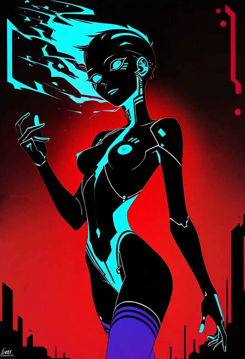 A neon-colored AI-generated image of a futuristic woman with glowing elements in a cyberpunk style using stable diffusion.