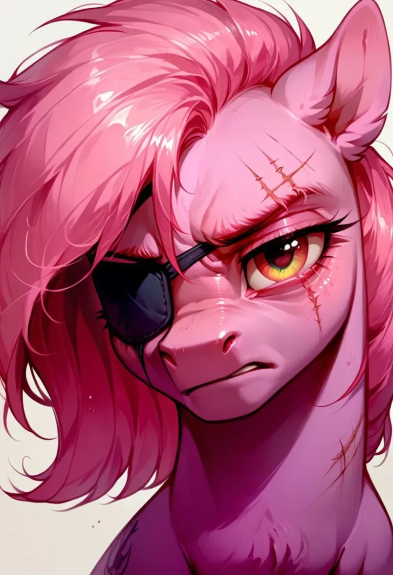 Cyberpunk pony with pink hair and an eye patch, AI generated image using Stable Diffusion.