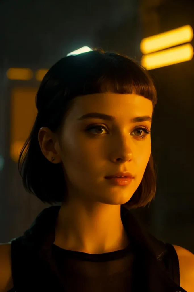 A detailed AI generated image using stable diffusion of a young woman with short hair and bangs, illuminated by yellow neon lights in a cyberpunk setting, showing a close-up of her face.