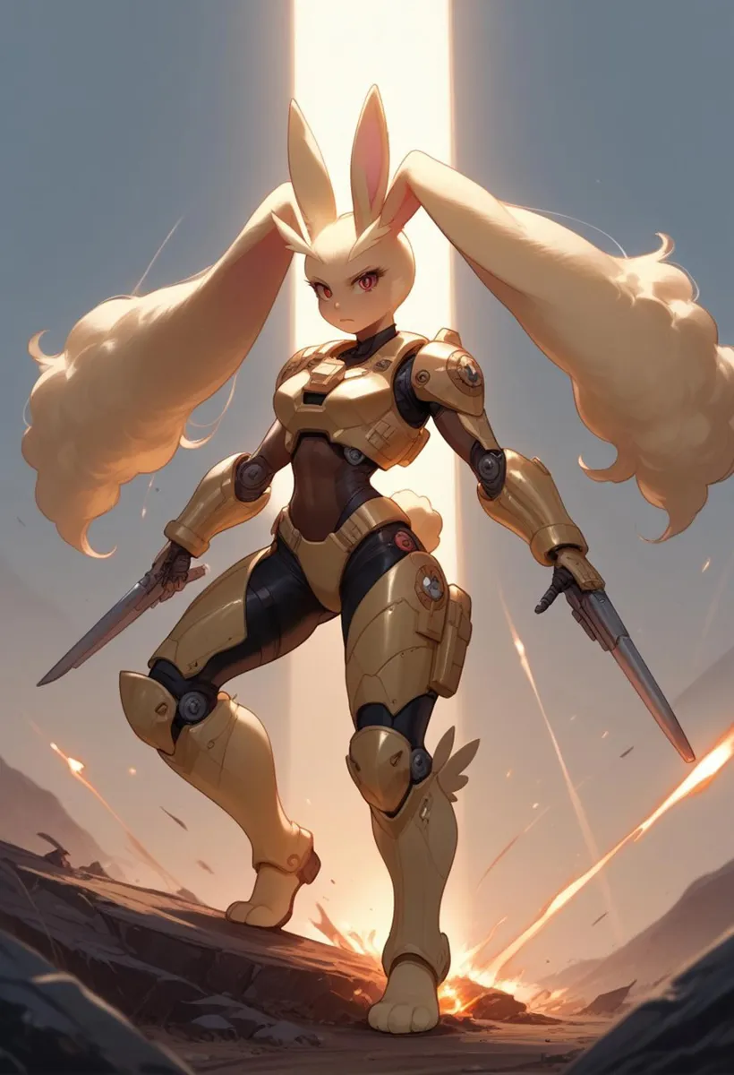 A futuristic cyberpunk rabbit warrior dressed in advanced robotic armor stands confidently with dual daggers. This is an AI generated image using stable diffusion.