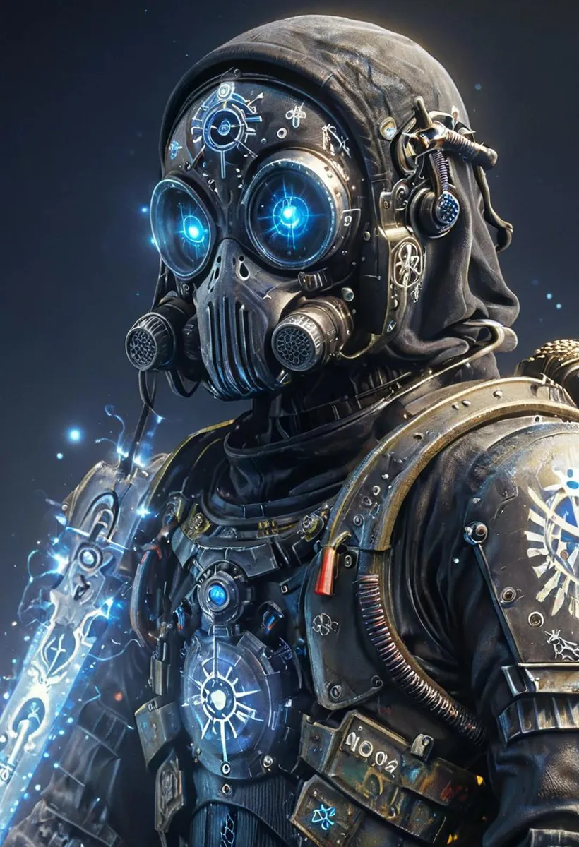 A cyberpunk soldier in elaborate futuristic armor and a high-tech mask with glowing blue goggles depicted in an AI generated image using Stable Diffusion.