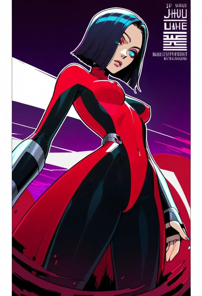 AI generated image using Stable Diffusion of a cyberpunk woman superhero with a bob haircut, wearing a futuristic red and black suit, showcased against a neon dark background with abstract text.