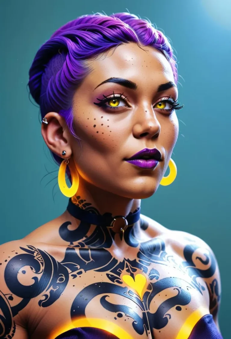 A highly detailed AI-generated image using stable diffusion depicting a cyberpunk woman with vibrant purple hair, yellow eyes, and intricate tattoos. She is wearing yellow earrings and has a confident expression.