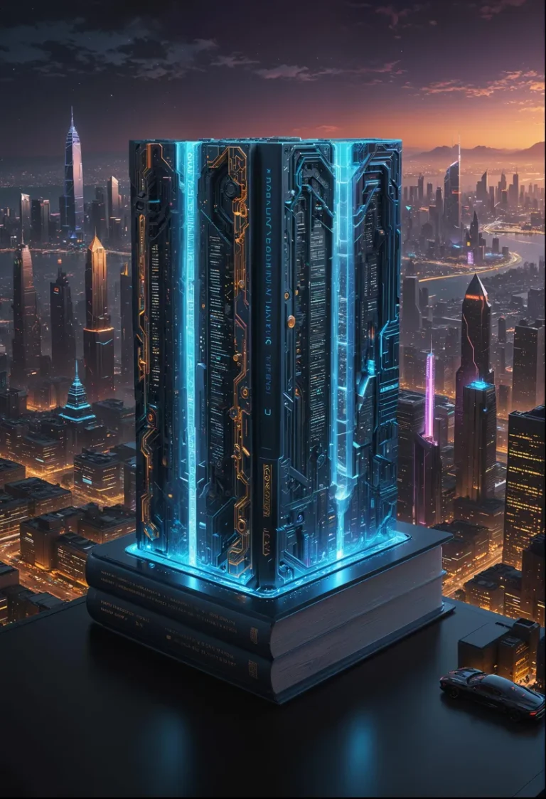 A cyberpunk cityscape featuring a large, glowing, futuristic device placed on a stack of books. This is an AI generated image using stable diffusion.