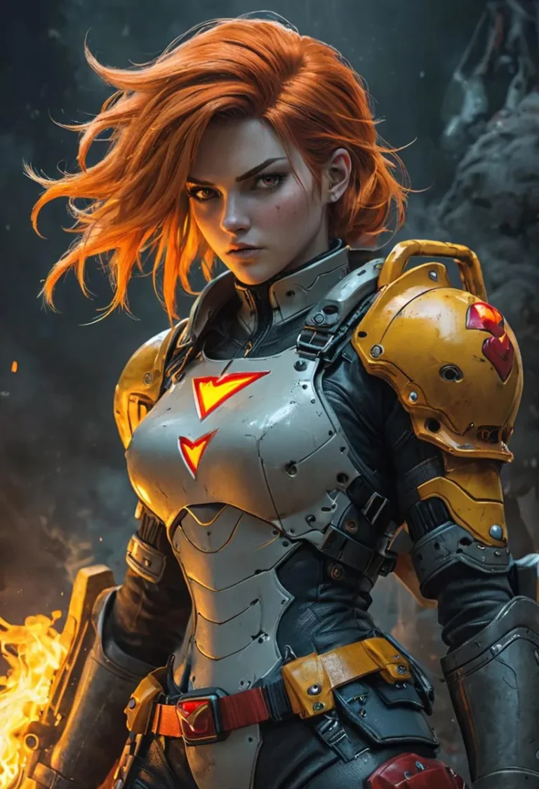 A red-haired female warrior in detailed sci-fi armor with an intense look. AI generated image using Stable Diffusion.