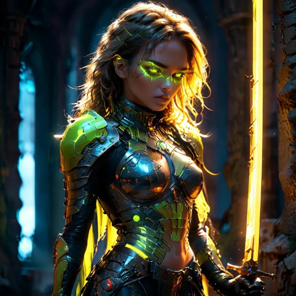 A cyberpunk warrior in futuristic, metallic armor with glowing neon accents, wielding a bright, glowing sword. AI generated image using Stable Diffusion.