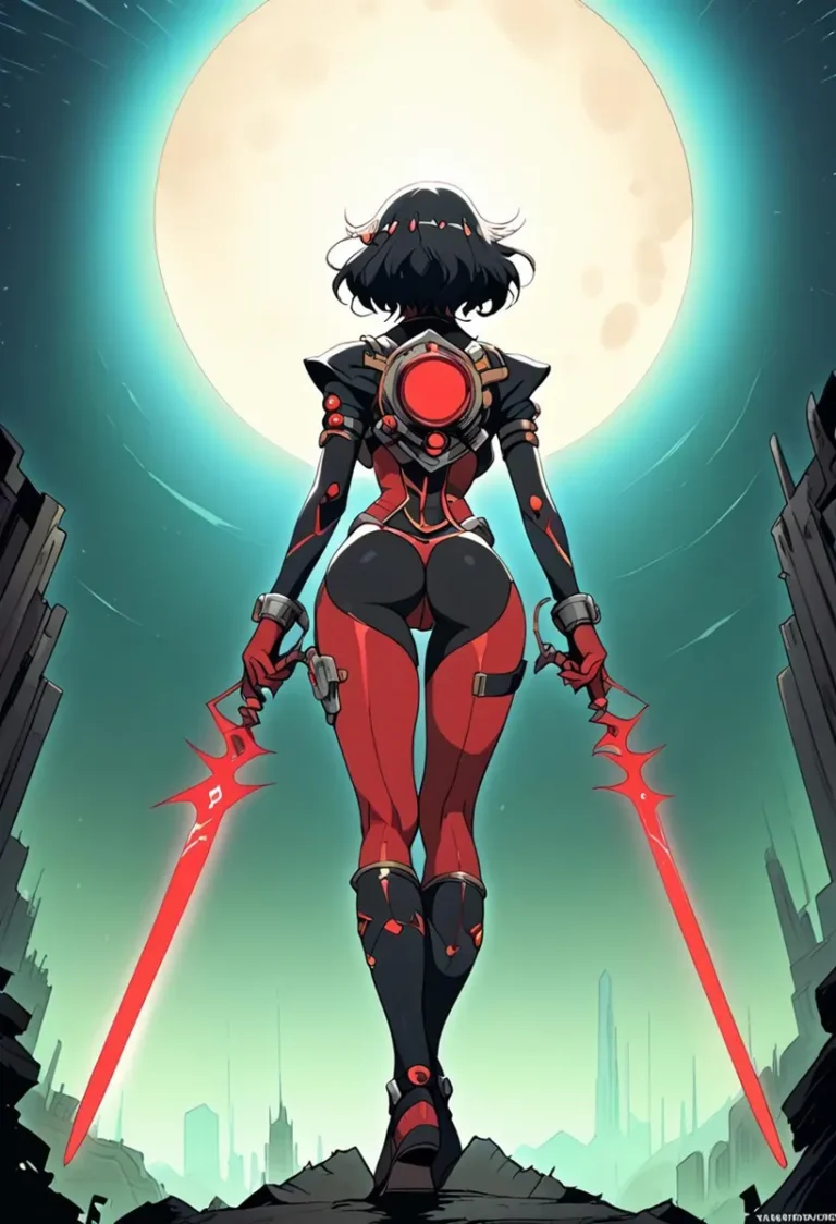 A futuristic woman dressed in a red and black suit, standing under a full moon with glowing red dual swords. The painting has a cyberpunk aesthetic and is an AI generated image using Stable Diffusion.