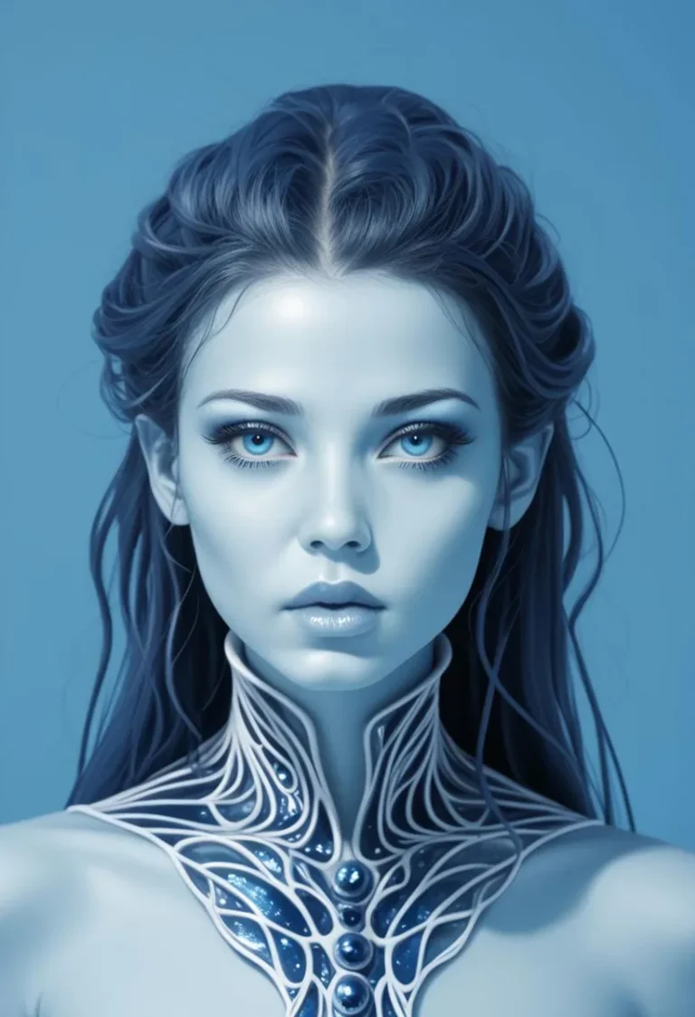 AI generated image using stable diffusion of a futuristic cyberpunk woman with an intricate neckpiece, blue-toned portrait.