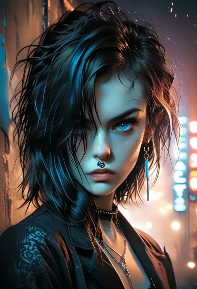 A cyberpunk woman with dark, messy hair, piercings, and a stern look standing in a dark alley illuminated by neon lights. Emphasize that this is an AI generated image using Stable Diffusion.