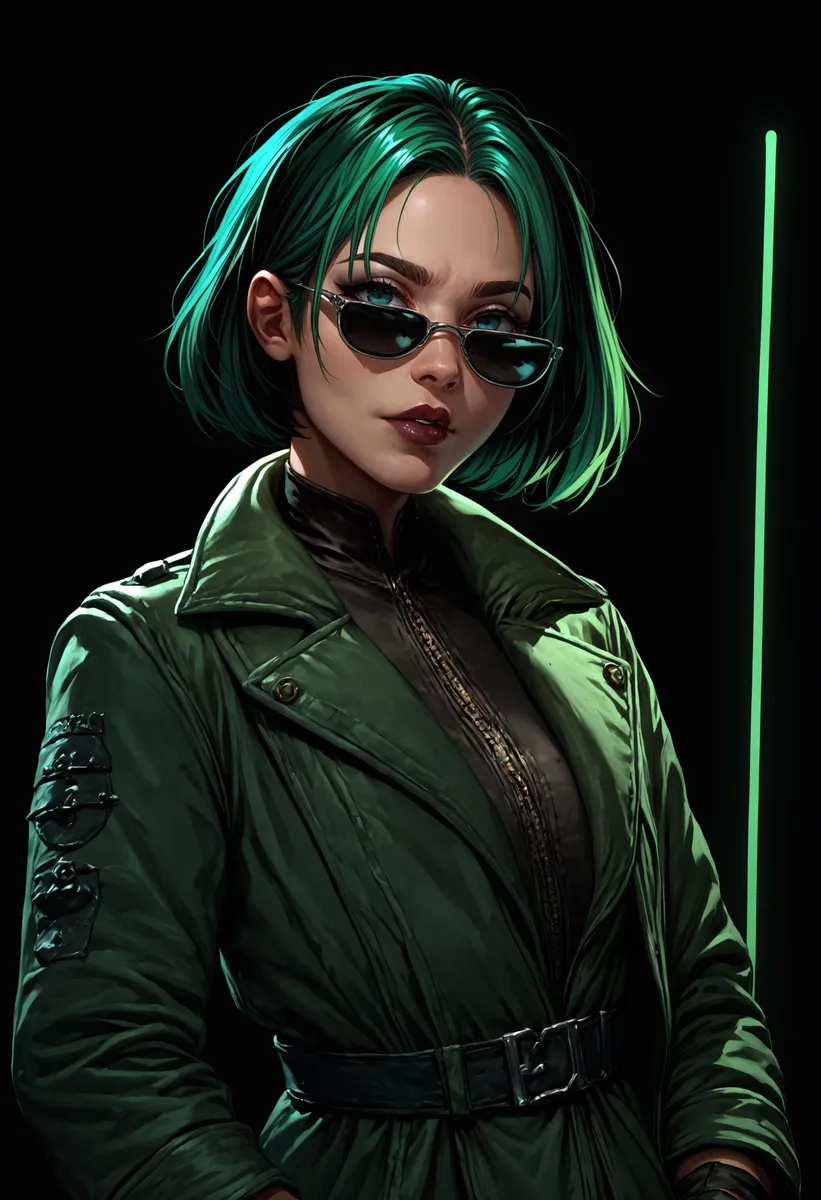 A cyberpunk woman with green hair, wearing sunglasses and a dark green leather jacket, created using Stable Diffusion.