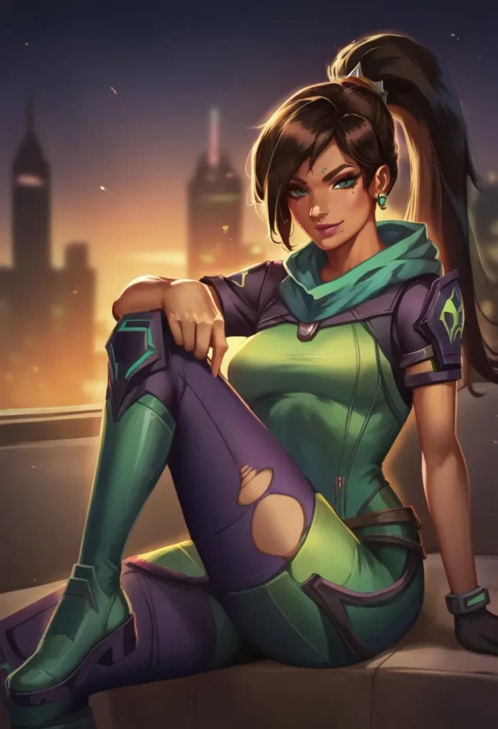 A digital artwork of a cyberpunk woman with dark hair in a ponytail, dressed in a green and purple futuristic outfit, sitting with a cityscape in the background at dusk. This is an AI generated image using stable diffusion.
