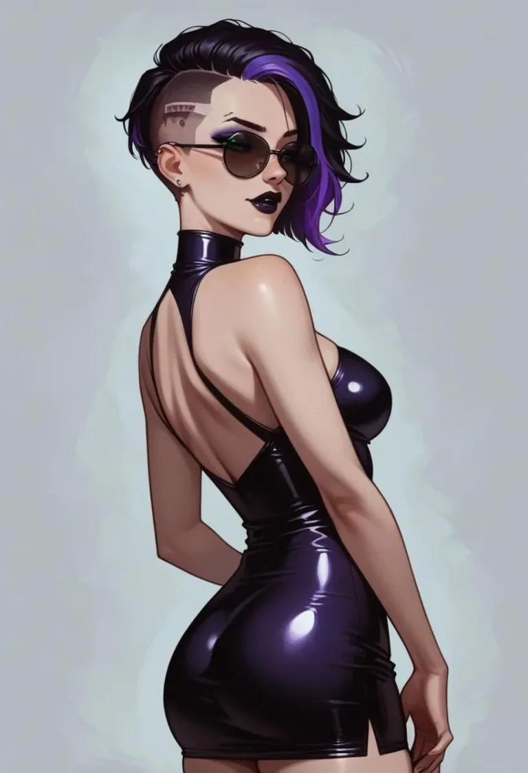 A cyberpunk woman with short black and purple hair, wearing sunglasses and a shiny black dress. AI generated image using Stable Diffusion.