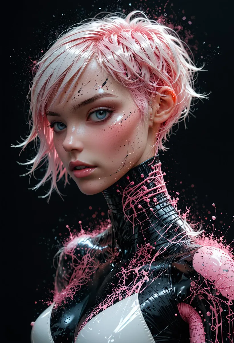 Detailed digital portrait of a cyberpunk woman with intricate pink hair, futuristic attire, and vivid splashes, created using Stable Diffusion.