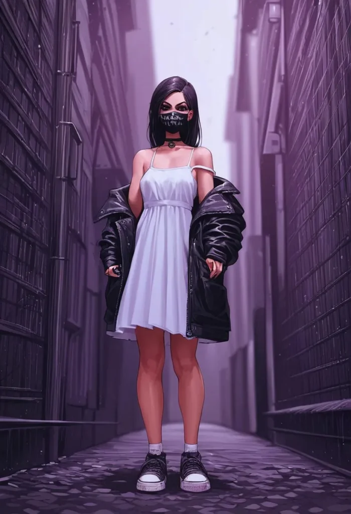AI-generated image of a cyberpunk woman with black hair, dressed in a white dress and black jacket, standing in a dimly lit alley, created using Stable Diffusion.