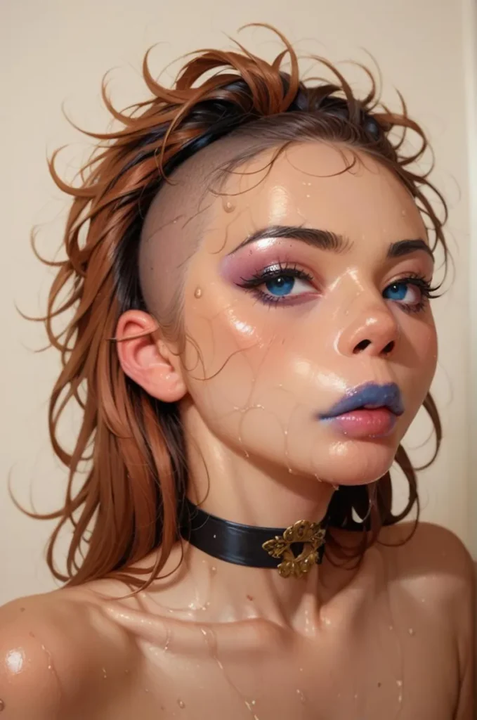 AI generated image using stable diffusion depicting a cyberpunk woman with blue eyes, wet hair, and a leather choker.