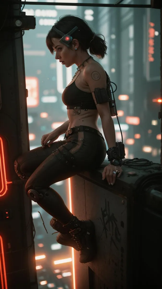 Cyberpunk woman with cybernetic enhancements sitting on a ledge in a futuristic city, AI-generated using Stable Diffusion.