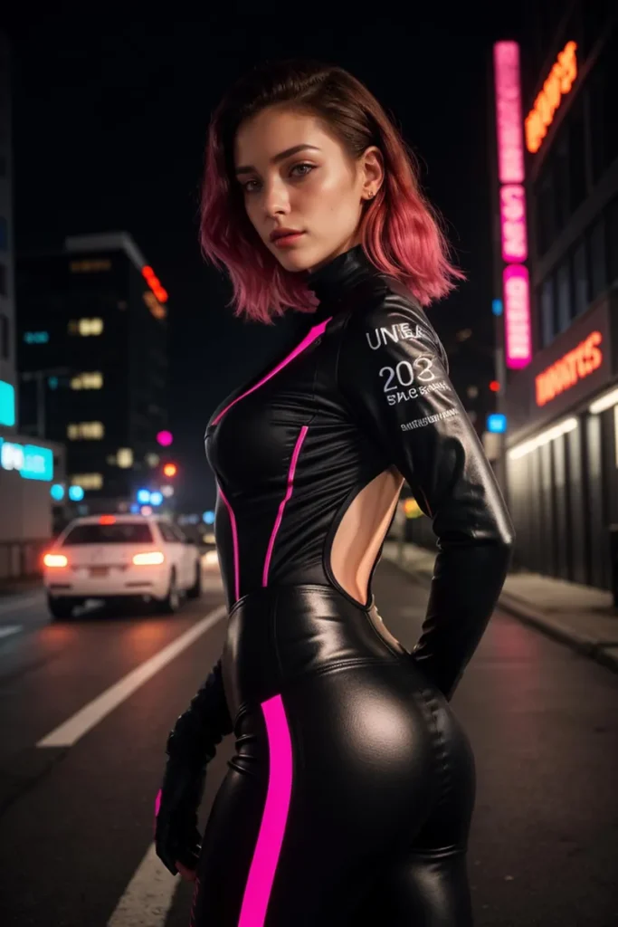 AI generated image of a woman with pink hair in a black futuristic outfit with neon details, standing in a cityscape at night, created with Stable Diffusion.