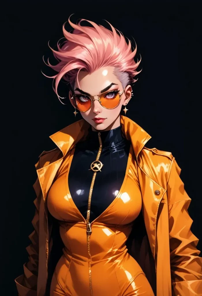 A cyberpunk woman with pink hair, wearing orange glasses and a shiny orange outfit, created using Stable Diffusion.