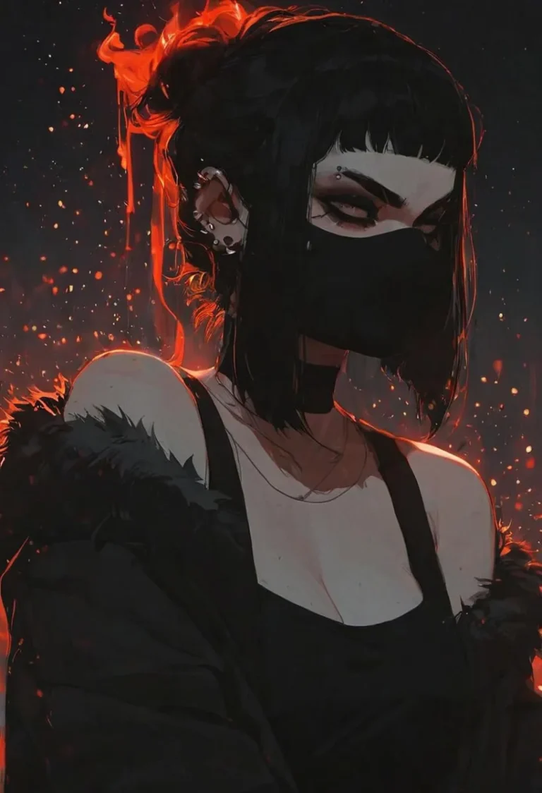 AI generated image using Stable Diffusion featuring a cyberpunk woman with a black mask, set against a dark background with fiery red and orange accents.