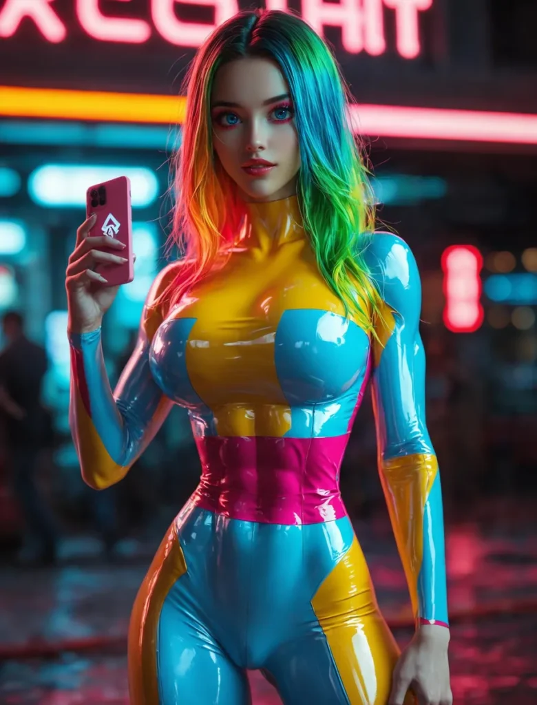AI generated image using Stable Diffusion of a cyberpunk woman in a vibrant neon suit holding a phone with a neon city background.