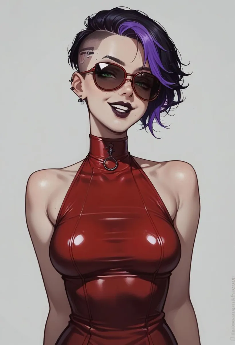 AI generated image of a cyberpunk woman with purple hair, wearing sunglasses, and a red latex halter-top, created using Stable Diffusion.