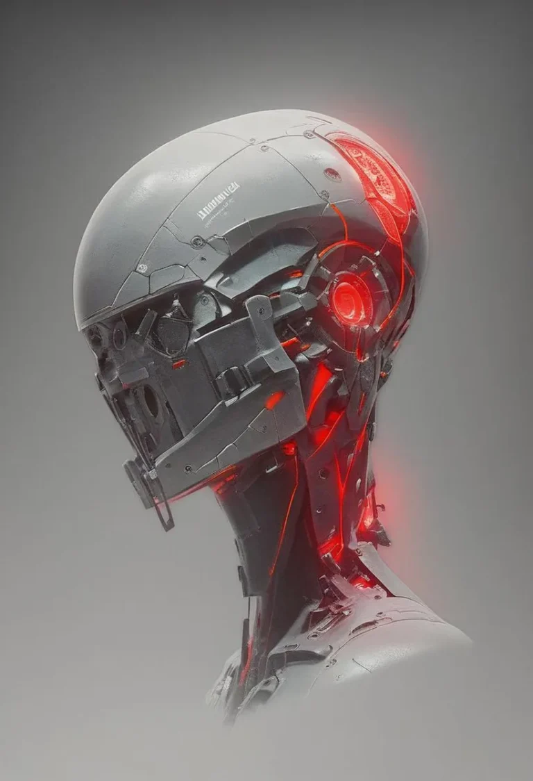 Futuristic cyborg with intricate mechanical design and red light accents, AI-generated using stable diffusion.