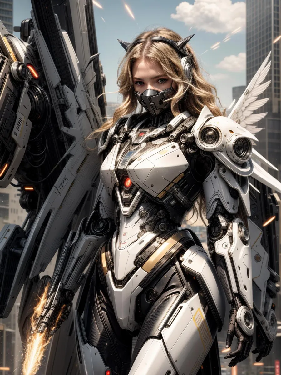 AI-generated image of a female cyborg warrior in futuristic armor with wings, created using Stable Diffusion.