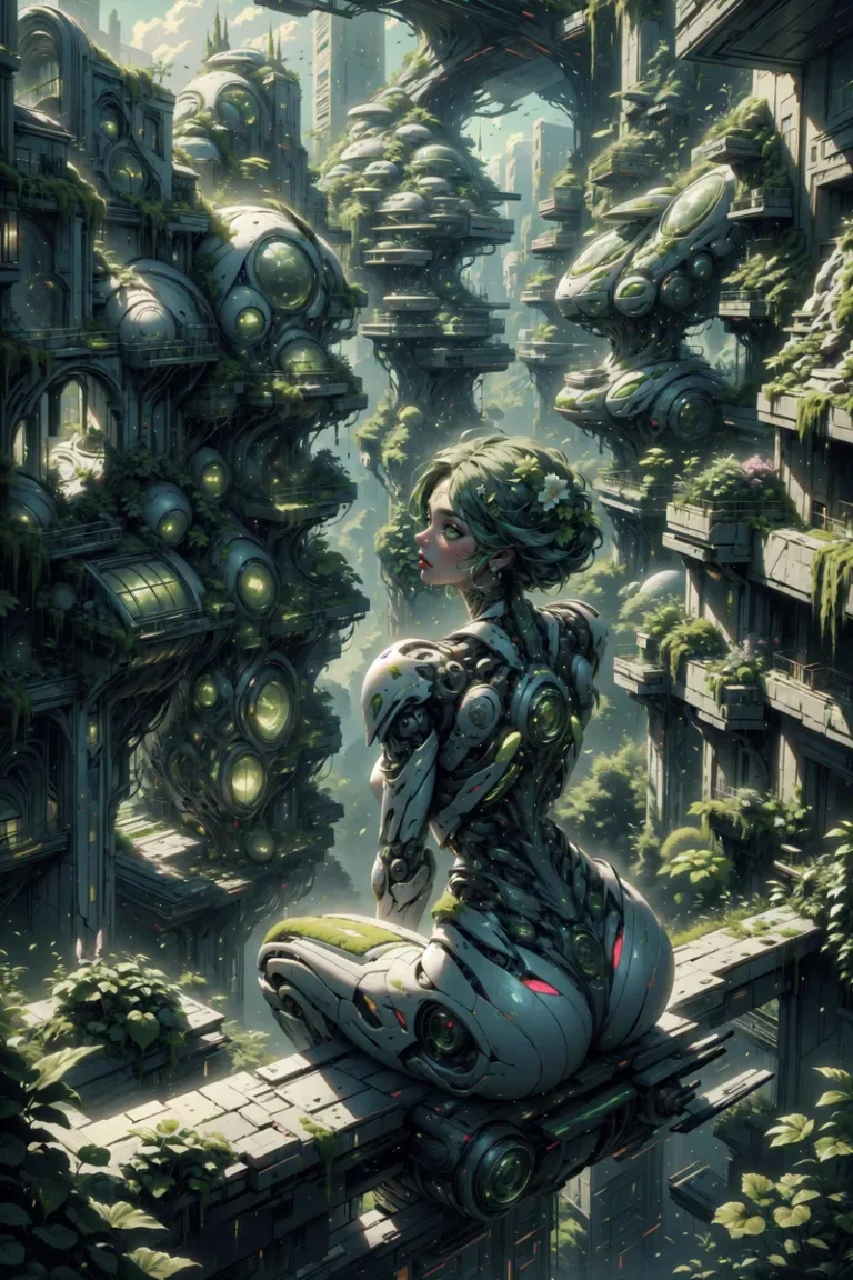 Cyborg woman sitting on a ledge in a futuristic city with green architecture, created using stable diffusion.