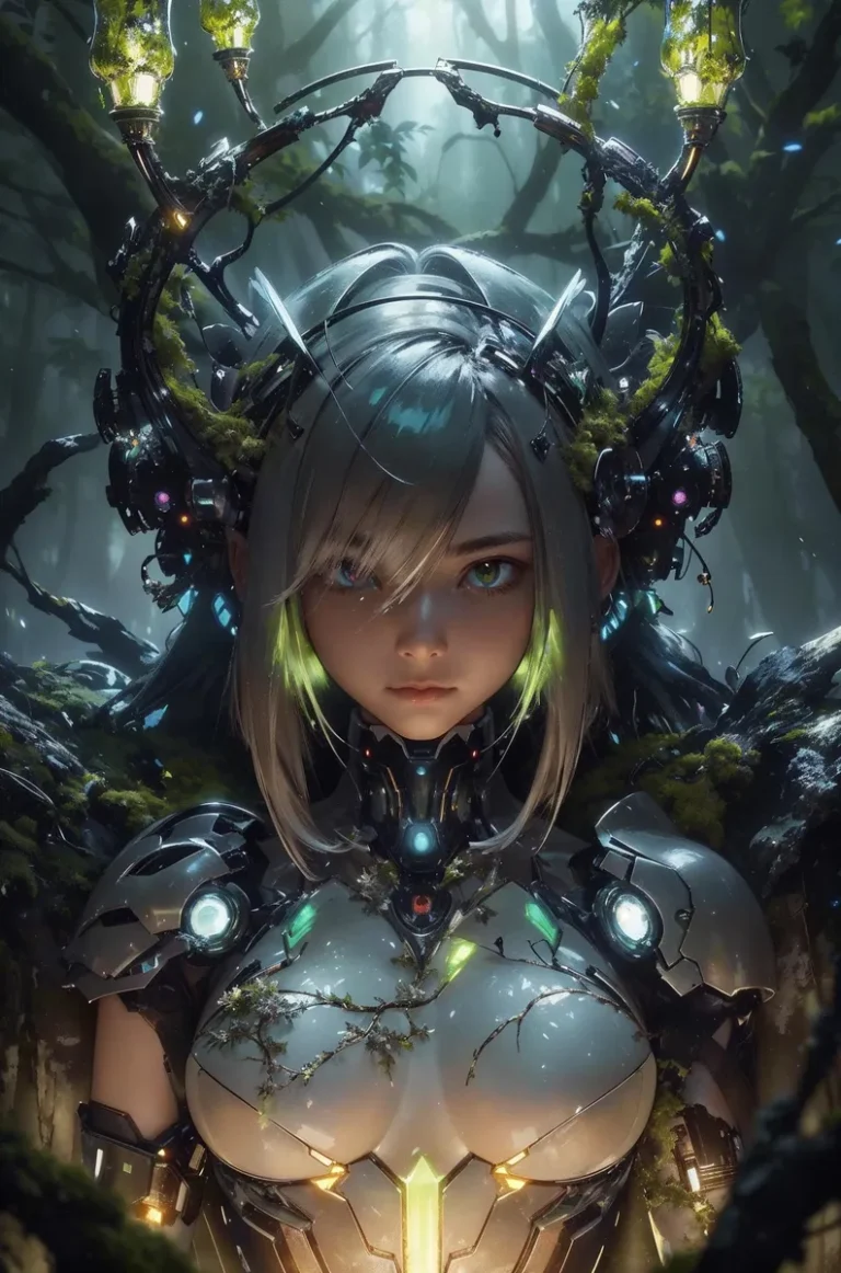 A detailed depiction of a cyborg woman with glowing accents in a futuristic armor, standing in a dark, misty forest. This is an AI-generated image using Stable Diffusion.