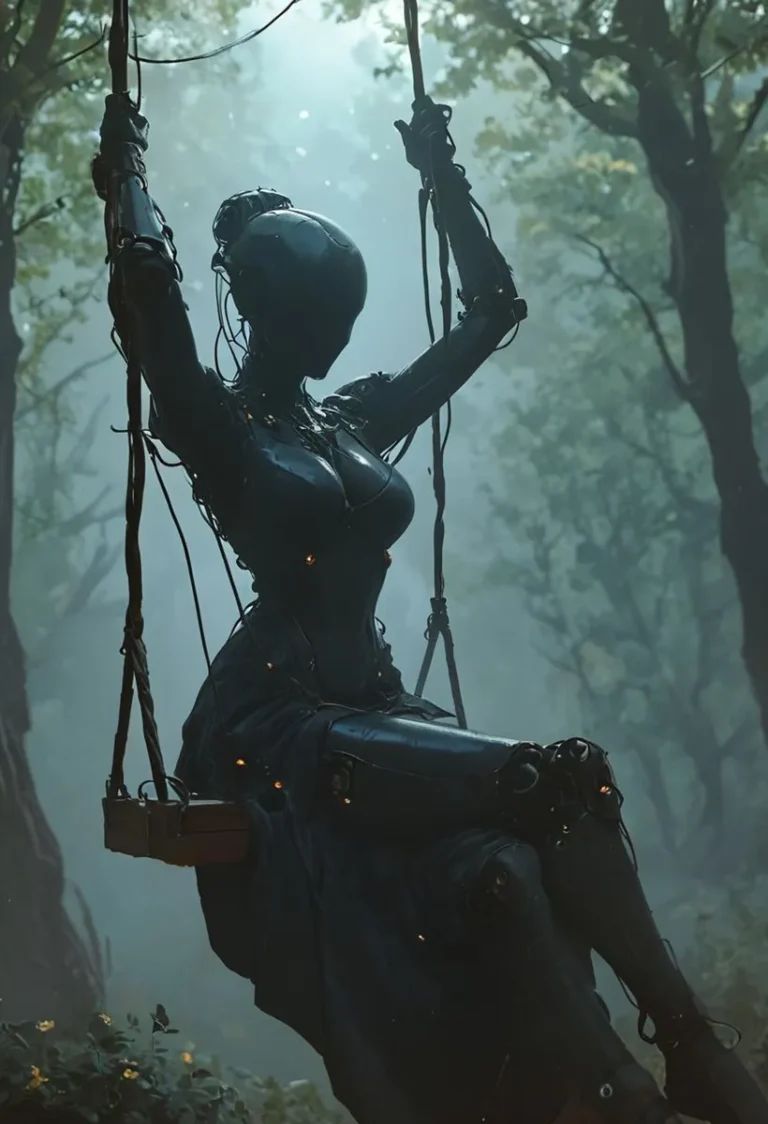Cyborg woman on a swing in a forest, an AI generated image using Stable Diffusion.