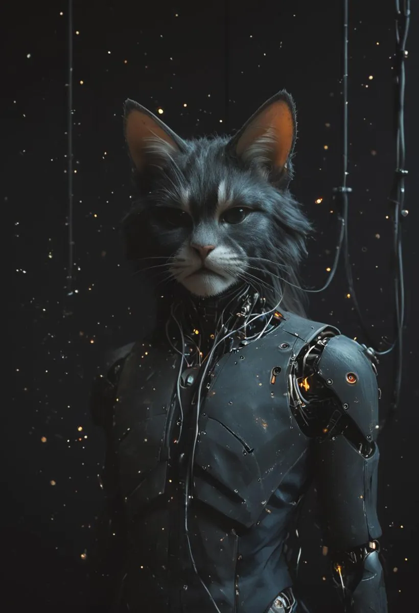 AI generated image using Stable Diffusion of a sci-fi cyborg cat with a realistic feline face and a mechanical body in futuristic armor, with a dark background and illuminated particles.