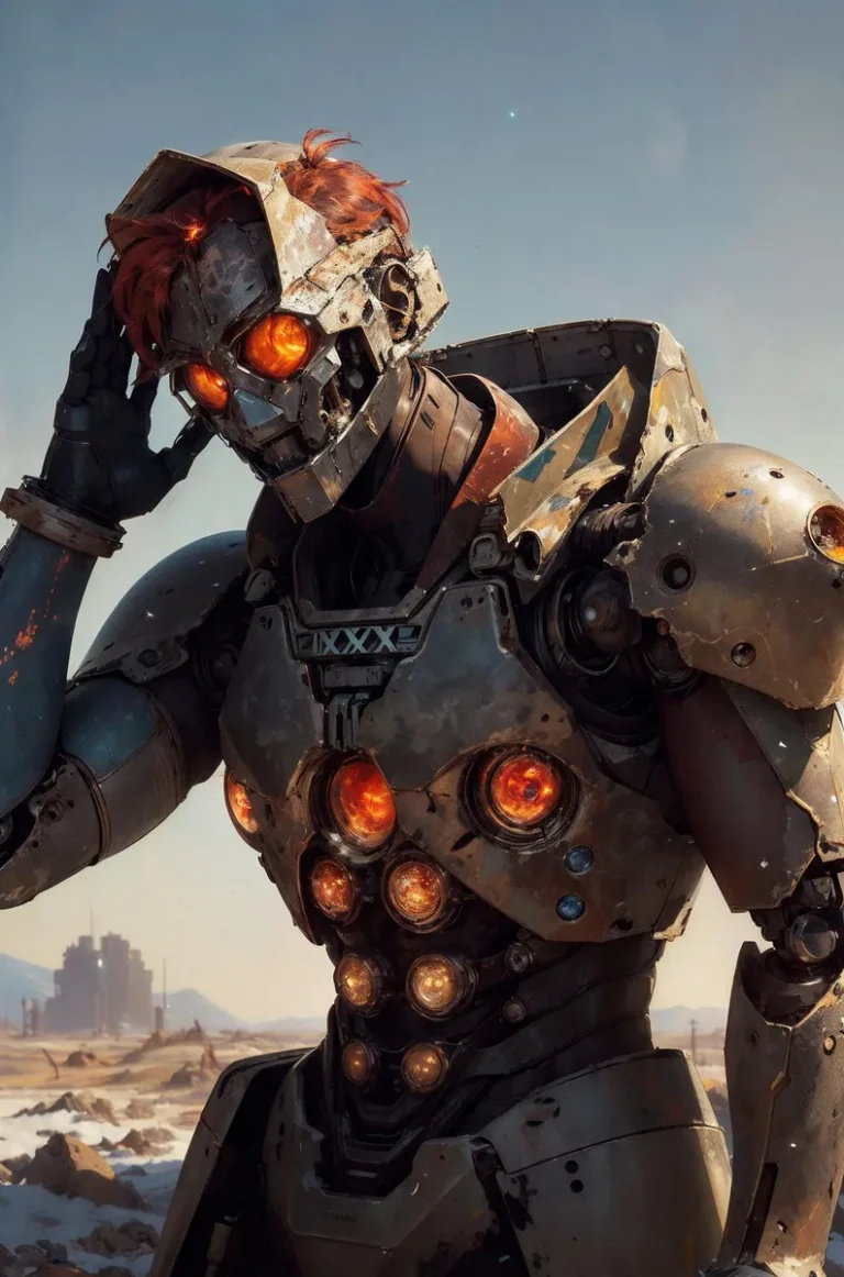 Cyborg warrior with glowing orange eyes and chest plate, standing in a post-apocalyptic wasteland, AI generated image using Stable Diffusion.