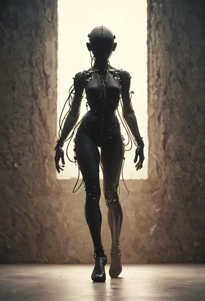 A dark, sleek cyborg woman with visible cables and robotic joints stands in front of a large, bright window, AI generated image using stable diffusion.