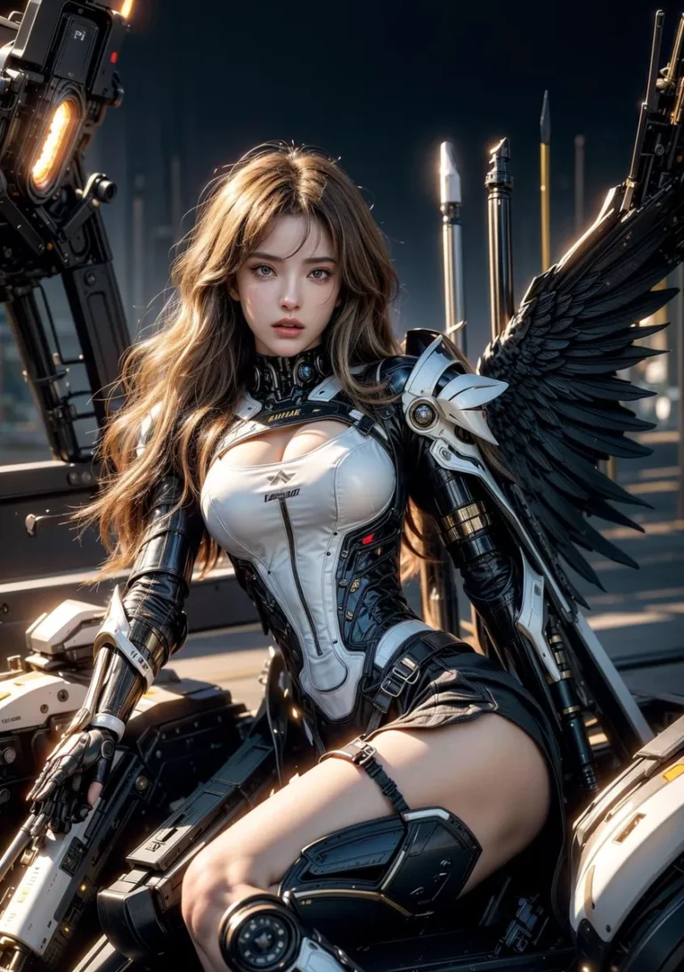 A highly detailed AI-generated image created using Stable Diffusion, depicting a cyborg woman with long hair, wearing futuristic armor and mechanical wings, seated in a high-tech environment.