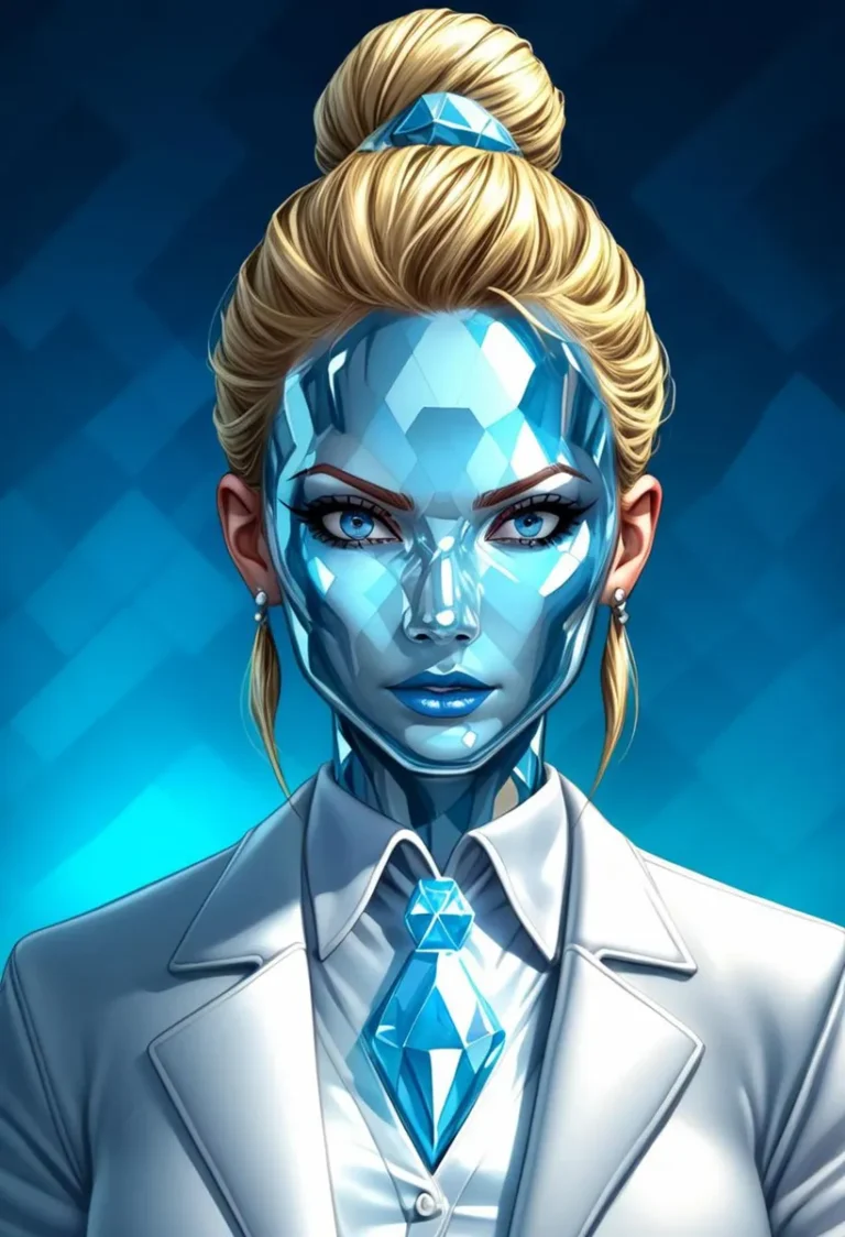 AI generated image of a cyborg woman with a chrome face and blue attire. Created using Stable Diffusion.