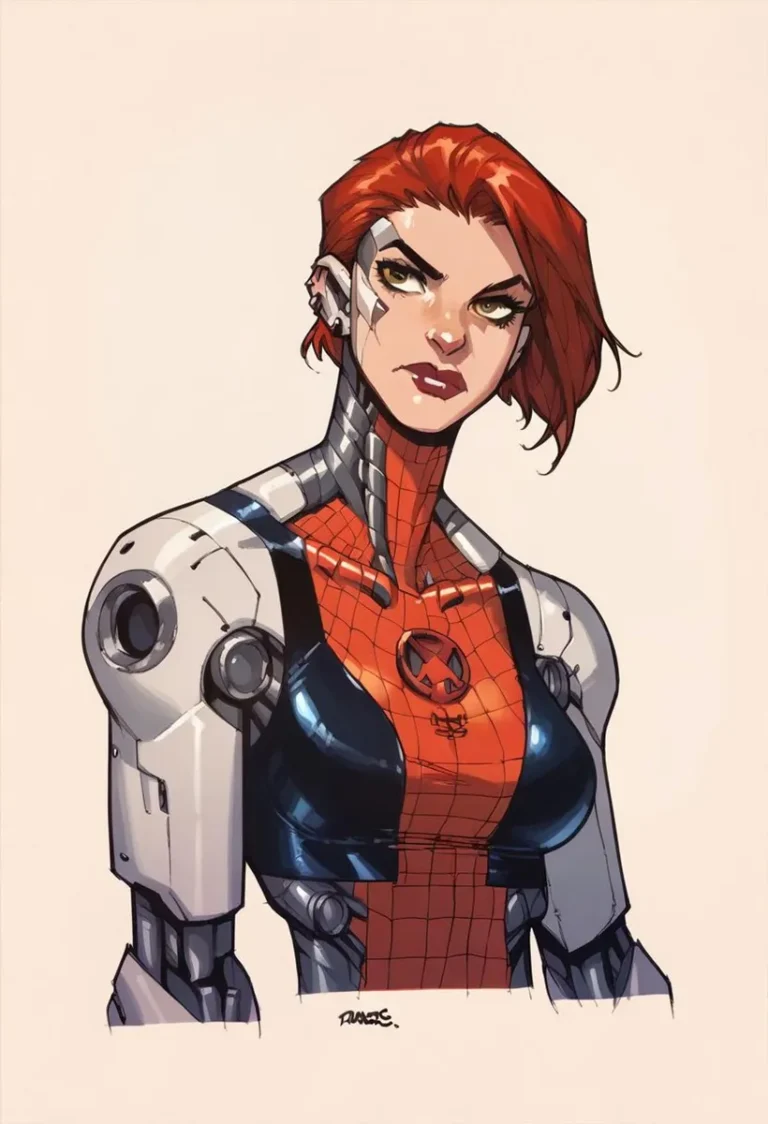 Cyborg woman with red hair in a comic style, created by AI using stable diffusion.