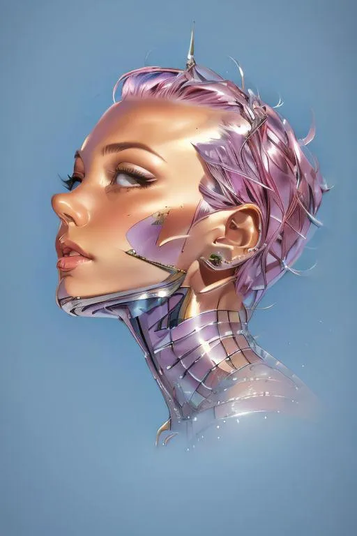 Futuristic cyborg woman with pink hair and mechanical components. AI-generated image using Stable Diffusion.