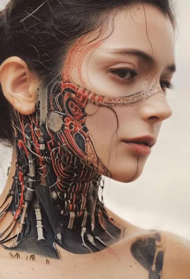 A detailed portrait of a woman with cyborg features on her neck and face, created using Stable Diffusion.