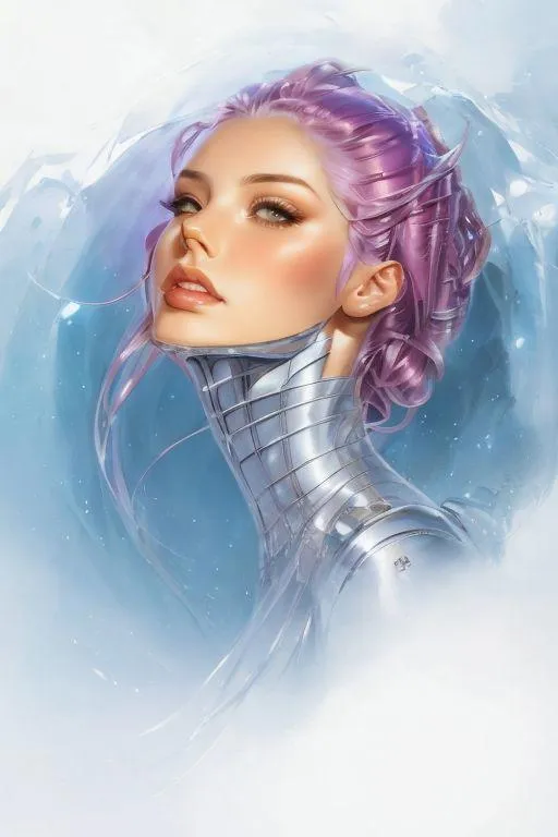 A striking AI-generated image using stable diffusion of a cyborg woman with purple hair and a metallic neckpiece, with a dreamy blue and white background.