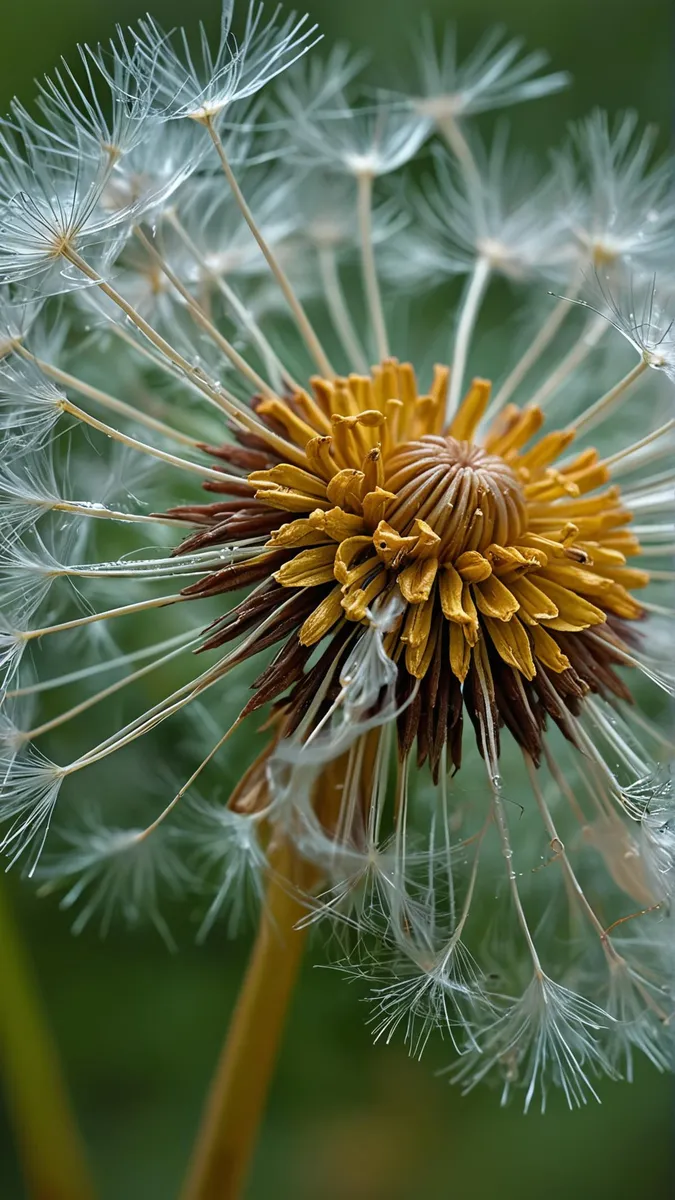 Close-up of a dandelion showing intricate details of seeds and petals. AI generated image using Stable Diffusion.