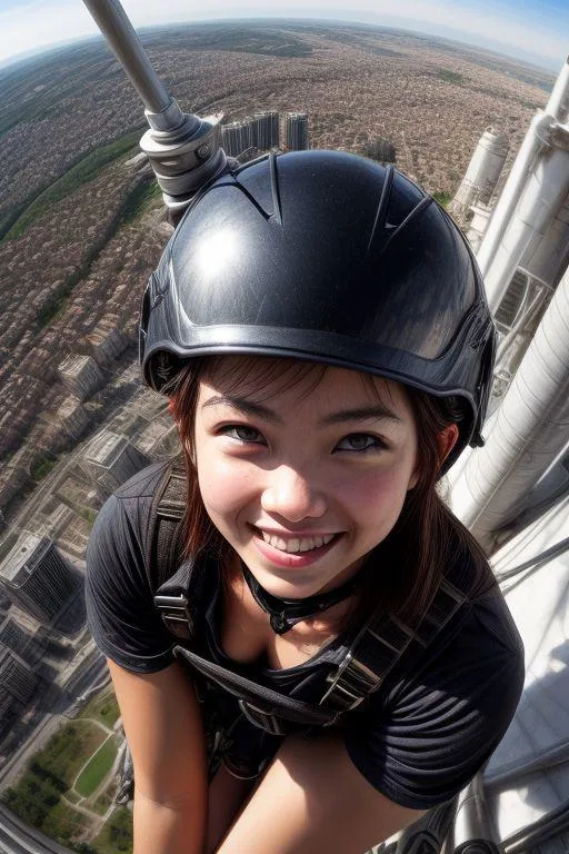 High-angle view of a smiling woman in a black helmet taking a selfie while attached to a high urban structure, AI generated using Stable Diffusion.