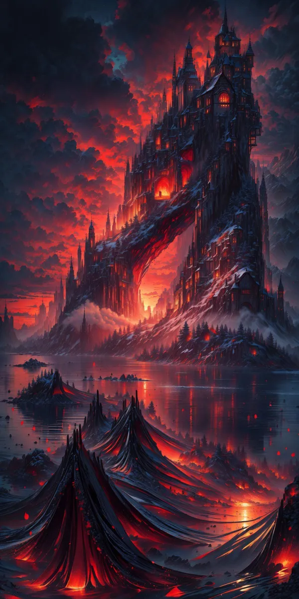 AI generated image using stable diffusion of a dark castle situated on a rocky hill surrounded by a fiery, fantasy landscape with molten lava.