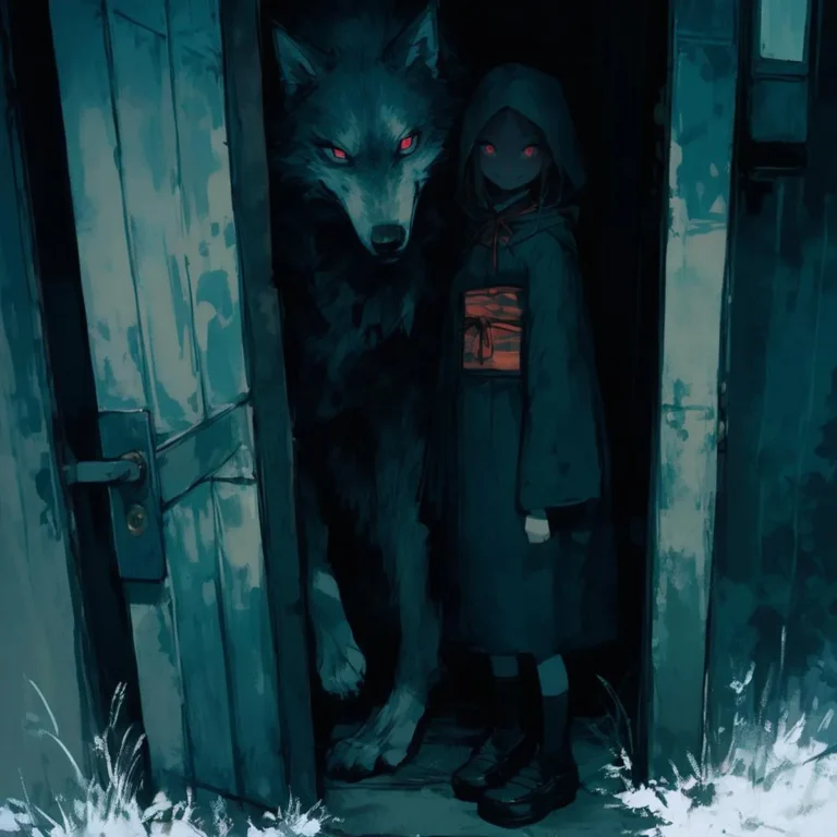Dark fantasy style image of a girl with glowing red eyes standing beside a large wolf with matching red eyes in a dimly lit doorway. Generated using Stable Diffusion AI.