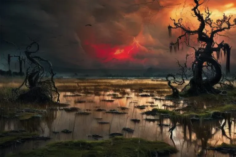 A dark fantasy landscape depicting a haunted swamp with twisted, leafless trees under a dramatic red and orange sky, generated by AI using Stable Diffusion.