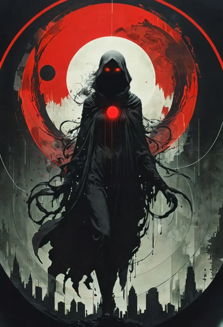 A dark, hooded figure with glowing red eyes and a red orb on its chest stands against an apocalyptic urban background with a red and white abstract circular design. This is an AI generated image using stable diffusion.